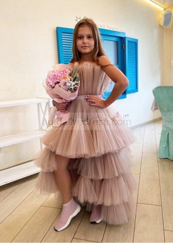 Mauve Ruched Tulle High Low Beach Flower Girl Dress Mauve Ruched Tulle High Low Beach Flower Girl Dress